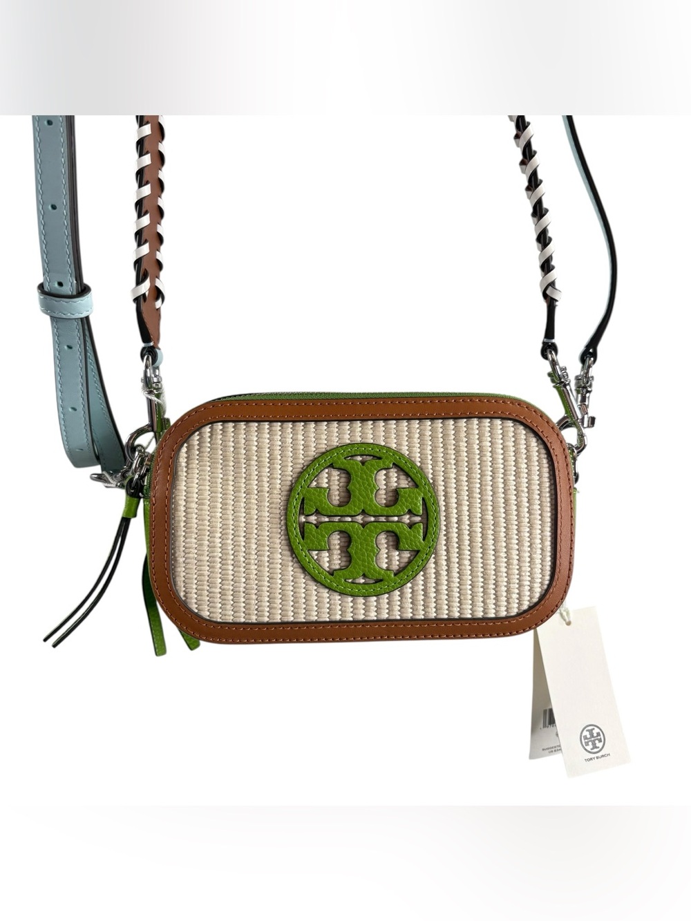 TORY BURCH Miller Raffia mini with 2 light blue shoulder straps NWT $348